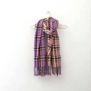 NEW Wild Fable Pink Purple Checkered Pattern Fringe Fuzzy Blanket Scarf